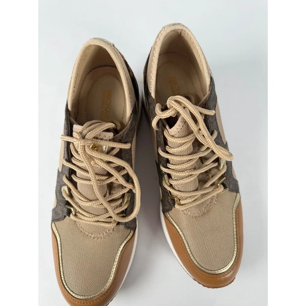 Michael Kors Georgie Wedge Sneakers Leopard Print Gold Tan HJ19F‎ Womens 7.5M